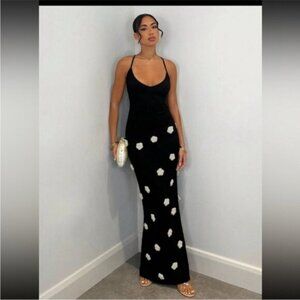 Black Floral Appliqué Maxi Slip Dress